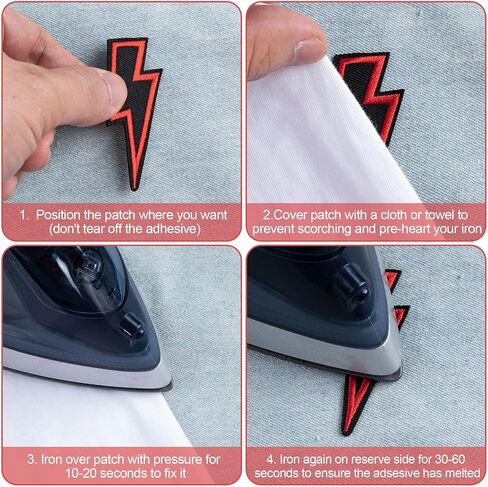PAGOW 4 Pcs Lightning Bolt Iron on Patch, Sew on Embroidered Patches, Black Iron on Patches for Hats Clothes Motorcycle Jackets Backpacks, Lightning Bolt Decor, DIY Appliques Decoration (2.5x1 Inch) in Saudi Arabia