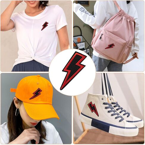 PAGOW 4 Pcs Lightning Bolt Iron on Patch, Sew on Embroidered Patches, Black Iron on Patches for Hats Clothes Motorcycle Jackets Backpacks, Lightning Bolt Decor, DIY Appliques Decoration (2.5x1 Inch) in Saudi Arabia