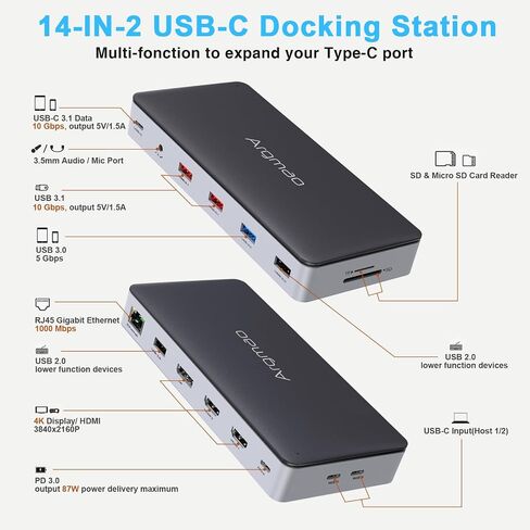 14 in 2 USB C Laptop Docking Station for MacBook Pro Air with Triple Different Display, Dual Monitor 4K@60Hz Multiport Type C Adapter, 2 HDMI & DP, USB C/A Port, PD, Ethernet, SD/TF, Audio/Mic in Saudi Arabia