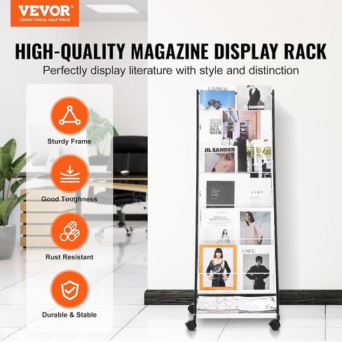 VEVOR Brochure Display Rack, 4-Tier 32 Pockets Rotating Magazine Literature Display Stand for Postcards, 360° Spinning Greeting Cards Rack with 5 Wheels (2 Lockable) for Shop Exhibitions Office in Saudi Arabia