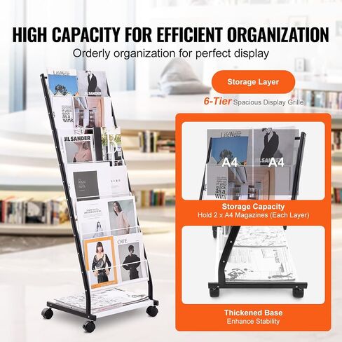 VEVOR Brochure Display Rack, 4-Tier 32 Pockets Rotating Magazine Literature Display Stand for Postcards, 360° Spinning Greeting Cards Rack with 5 Wheels (2 Lockable) for Shop Exhibitions Office in Saudi Arabia