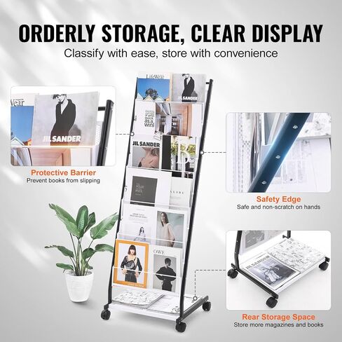 VEVOR Brochure Display Rack, 4-Tier 32 Pockets Rotating Magazine Literature Display Stand for Postcards, 360° Spinning Greeting Cards Rack with 5 Wheels (2 Lockable) for Shop Exhibitions Office in Saudi Arabia