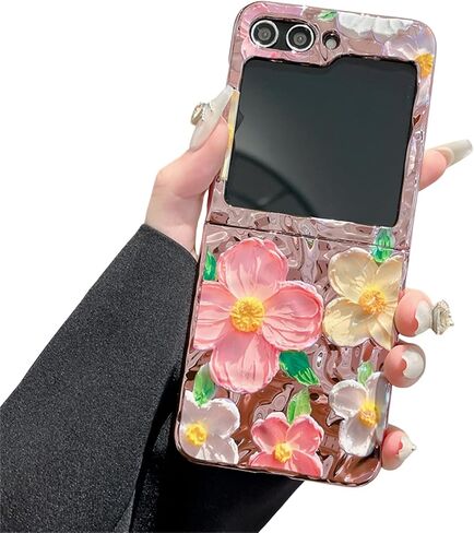 حافظة على شكل زهرة متوافقة مع هاتف Samsung Galaxy Z Flip 6، غطاء حماية مطلي بالكهرباء بنمط زهور ملون لطيف لهاتف Z Flip 6 للنساء، زهور وردية in Saudi Arabia