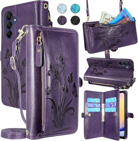 Lacass for Samsung Galaxy A25 5G Case Wallet,[Cards Theft Scan Protection] Card Holder Zipper Leather Flip Cover Crossbody Wrist Strap with Stand for Galaxy A25 Phone case(Floral Dark Purple) in Saudi Arabia