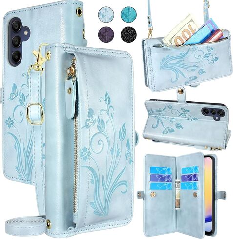Lacass for Samsung Galaxy A25 5G Case Wallet,[Cards Theft Scan Protection] Card Holder Zipper Leather Flip Cover Crossbody Wrist Strap with Stand for Galaxy A25 Phone case(Floral Dark Purple) in Saudi Arabia