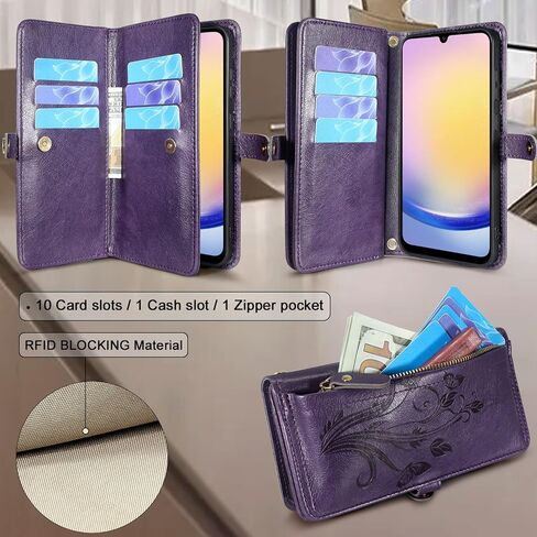 Lacass for Samsung Galaxy A25 5G Case Wallet,[Cards Theft Scan Protection] Card Holder Zipper Leather Flip Cover Crossbody Wrist Strap with Stand for Galaxy A25 Phone case(Floral Dark Purple) in Saudi Arabia