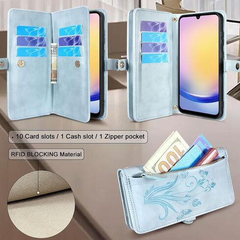 Lacass for Samsung Galaxy A25 5G Case Wallet,[Cards Theft Scan Protection] Card Holder Zipper Leather Flip Cover Crossbody Wrist Strap with Stand for Galaxy A25 Phone case(Floral Dark Purple) in Saudi Arabia