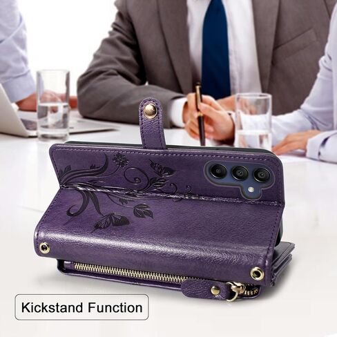 Lacass for Samsung Galaxy A25 5G Case Wallet,[Cards Theft Scan Protection] Card Holder Zipper Leather Flip Cover Crossbody Wrist Strap with Stand for Galaxy A25 Phone case(Floral Dark Purple) in Saudi Arabia