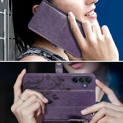 Lacass for Samsung Galaxy A25 5G Case Wallet,[Cards Theft Scan Protection] Card Holder Zipper Leather Flip Cover Crossbody Wrist Strap with Stand for Galaxy A25 Phone case(Floral Dark Purple) in Saudi Arabia