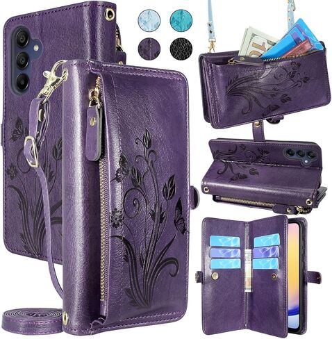 Lacass for Samsung Galaxy A25 5G Case Wallet,[Cards Theft Scan Protection] Card Holder Zipper Leather Flip Cover Crossbody Wrist Strap with Stand for Galaxy A25 Phone case(Floral Dark Purple) in Saudi Arabia