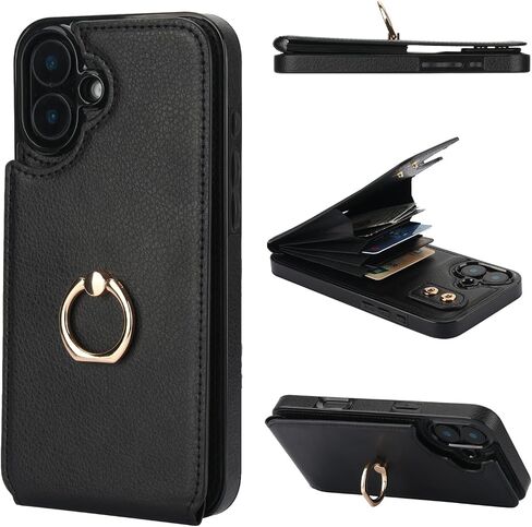 Folosu Compatible with iPhone 16 Plus Case Wallet with Card Holder, 360°Rotation Finger Ring Holder Kickstand, RFID Blocking Leather Protective Double Buttons Shockproof Cover 6.7 Inch Black in Saudi Arabia