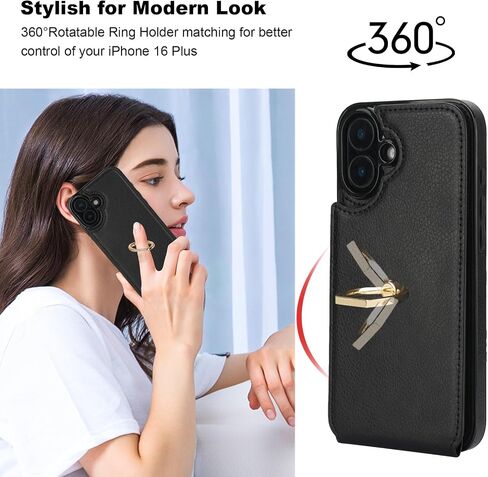 Folosu Compatible with iPhone 16 Plus Case Wallet with Card Holder, 360°Rotation Finger Ring Holder Kickstand, RFID Blocking Leather Protective Double Buttons Shockproof Cover 6.7 Inch Black in Saudi Arabia