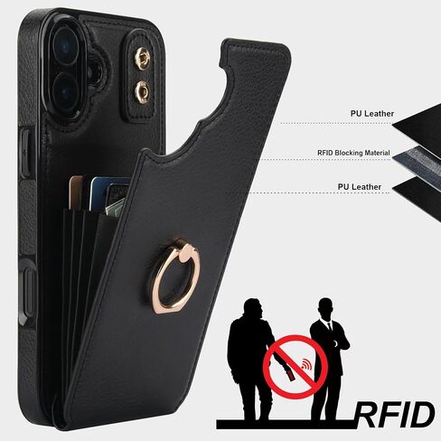 Folosu Compatible with iPhone 16 Plus Case Wallet with Card Holder, 360°Rotation Finger Ring Holder Kickstand, RFID Blocking Leather Protective Double Buttons Shockproof Cover 6.7 Inch Black in Saudi Arabia