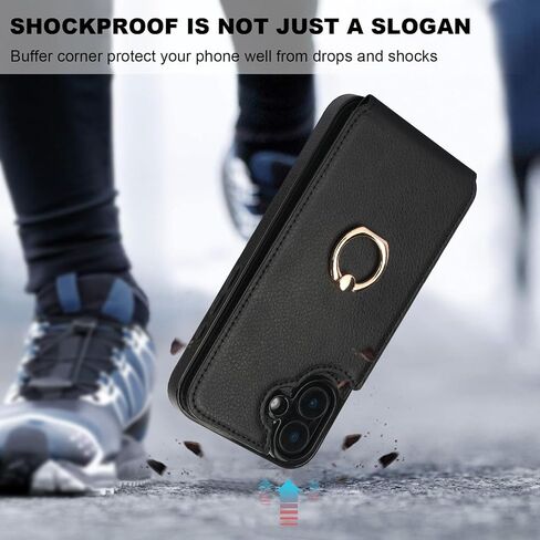 Folosu Compatible with iPhone 16 Plus Case Wallet with Card Holder, 360°Rotation Finger Ring Holder Kickstand, RFID Blocking Leather Protective Double Buttons Shockproof Cover 6.7 Inch Black in Saudi Arabia