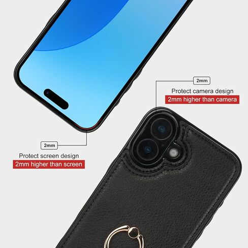 Folosu Compatible with iPhone 16 Plus Case Wallet with Card Holder, 360°Rotation Finger Ring Holder Kickstand, RFID Blocking Leather Protective Double Buttons Shockproof Cover 6.7 Inch Black in Saudi Arabia