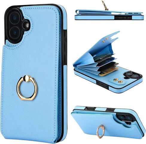 Folosu Compatible with iPhone 16 Plus Case Wallet with Card Holder, 360°Rotation Finger Ring Holder Kickstand, RFID Blocking Leather Protective Double Buttons Shockproof Cover 6.7 Inch Black in Saudi Arabia