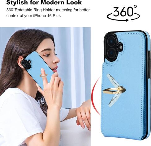 Folosu Compatible with iPhone 16 Plus Case Wallet with Card Holder, 360°Rotation Finger Ring Holder Kickstand, RFID Blocking Leather Protective Double Buttons Shockproof Cover 6.7 Inch Black in Saudi Arabia