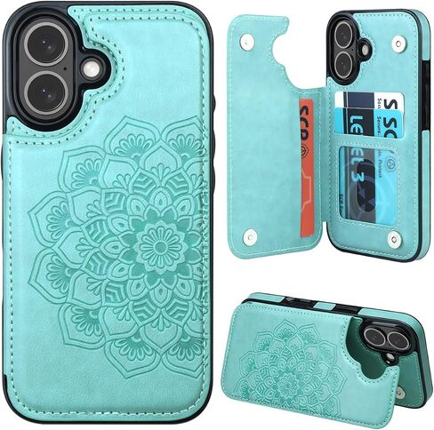 MMHUO for iPhone 16 Case with Card Holder, Flower Magnetic Clasp Flip Case for iPhone 16 Wallet Case for Women, Protective Case Phone Case for iPhone 16 (6.1 Inch),Mint in Kuwait