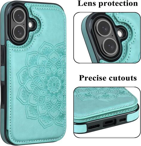 MMHUO for iPhone 16 Case with Card Holder, Flower Magnetic Clasp Flip Case for iPhone 16 Wallet Case for Women, Protective Case Phone Case for iPhone 16 (6.1 Inch),Mint in Kuwait