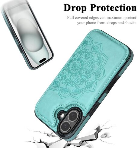 MMHUO for iPhone 16 Case with Card Holder, Flower Magnetic Clasp Flip Case for iPhone 16 Wallet Case for Women, Protective Case Phone Case for iPhone 16 (6.1 Inch),Mint in Kuwait
