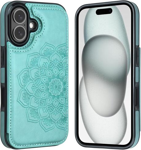 MMHUO for iPhone 16 Case with Card Holder, Flower Magnetic Clasp Flip Case for iPhone 16 Wallet Case for Women, Protective Case Phone Case for iPhone 16 (6.1 Inch),Mint in Kuwait