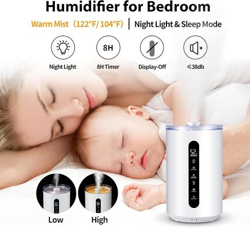 Tower Humidifiers for Large Room,Hioo 6.6L 1.74Gal Topfill Ultrasonic Warm and Cool Mist Air Humidifier for Bedroom with 8H Timer 360° Nozzle Adjustable Humidistat Night Light for Nursery Home Plant in Saudi Arabia