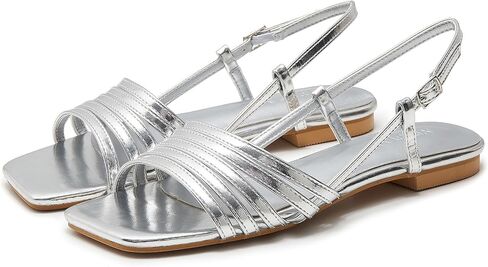 Women's Slingback Flats Sandals Open Square Toe Adjustable Ankle Strap Gladiator Flat-Sandal Summer Dresssy Cute Low Heel Shoes in Saudi Arabia