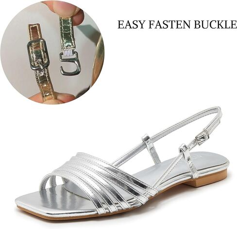 Women's Slingback Flats Sandals Open Square Toe Adjustable Ankle Strap Gladiator Flat-Sandal Summer Dresssy Cute Low Heel Shoes in Saudi Arabia