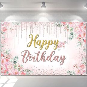 Avezano عيد ميلاد سعيد خلفية راية للفتيات النساء ارتفع الذهب عيد ميلاد راية الوردي الزهور يلمع عيد ميلاد سعيد راية لوازم الحفلات 70.8 × 43.3 بوصة