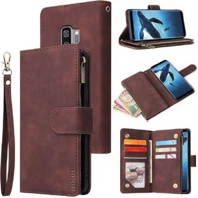 LBYZCASE Galaxy S9 Case,Samsung S9 Wallet Case,Luxury Folio Flip Leather Phone Cover[Zipper Pocket][Wrist Strap][Kickstand][Magnetic Closure] for Samsung Galaxy S9-Blue