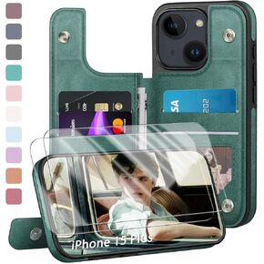 Designed for iPhone 15 Plus Case Wallet, Card Holder Case with [2 Screen Protectors][Magnetic Clasp Folio Cover][RFID Blocking Leather] Shockproof Women Men Cases 6.7" for Apple 15 Plus Light Brown
