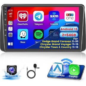 8-Core 2+64G Android 13 Car Stereo for Dodge Grand Caravan 2011-2020 Chrysler Town & Country 2011-2016 Chrysler Grand Voyager 2011-2015 Radio 9'' IPS Screen CarPlay Android Auto DSP AHD Camera