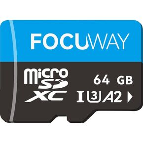 FOCUWAY 64GB microSDXC UHS-I, C10, U3, A2, 4K UHD Video High Speed Transfer Monitoring Industrial Grade SD Card with Adapter for Dash Cams, Action Camera, Surveillance & Security Cams