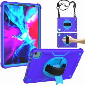 حافظة لجهاز iPad Air الجيل الخامس/الرابع مقاس 10.9 بوصة (2022/2020)/iPad Pro مقاس 11 بوصة الجيل الثالث/الثاني/الأول مع واقي شاشة مدمج، وحامل دوار 360 درجة، وحزام يد وغطاء من ثلاث طبقات (أسود)