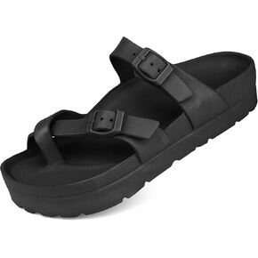 seticeo Women's Platform Flip Flops Sandals with Arch Support, Adjustable Double Buckle Slip on Slides, Summer Lightweight Beach Eva Cushion Flat Sandals
