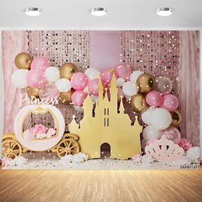 7x5ft Pink Balloons Princess Birthday Backdrop Sweet One Castle Photography Background Girls Happy Birthday Party Cake Table Banner Decorations Supplies Photo Booth Props