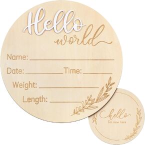 ZIEYOMI-Baby Announcement Sign, Hello World Newborn Sign, Wooden Baby Name Sign for Nursery, Birth Announcement Sign for Hospital, Welcome Baby Sign Announcement Board for Photo Prop Baby Shower-White