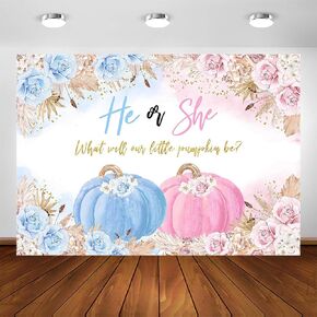 Avezano Pumpkin Gender Reveal Backdrop Fall Theme He or She Baby Gender Reveal Party Decorations Boho Blue or Pink Floral Party Photography Background Banner (7x5ft)