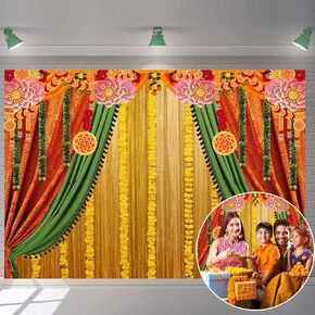 Indian Pooja Backdrop Diwali Puja Ganpati Background India Traditional Chatiya Ganesh Marigold Green Yellow Curtain Banner for Religious Festival Wedding Party Baby Shower Decor (82x59 inch (7x5FT))