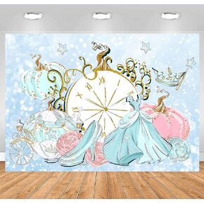 InMemory Sky Blue Princess Birthday Party Backdrop for Girls Cartoon Fantasy Pink Flowers Pumpkin Carriage Disc Clock Decoration Banner Photo Booth Studio Photography Background 7x5ft