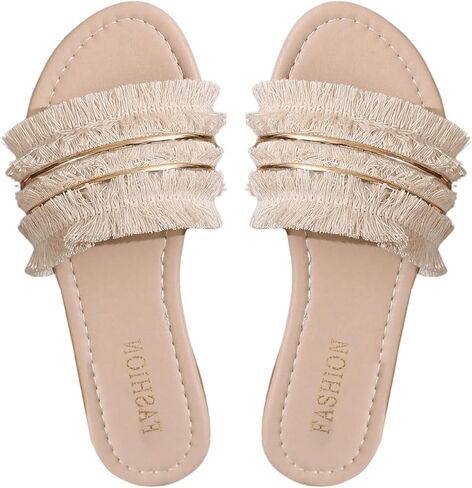 GORGLITTER Women's Fringe Sandals Open Toe Flat Slide Sandals Casual Slip on Dressy Sandals in Saudi Arabia