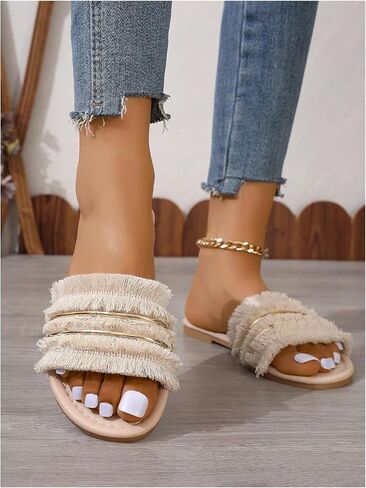 GORGLITTER Women's Fringe Sandals Open Toe Flat Slide Sandals Casual Slip on Dressy Sandals in Saudi Arabia