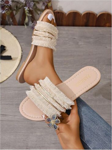 GORGLITTER Women's Fringe Sandals Open Toe Flat Slide Sandals Casual Slip on Dressy Sandals in Saudi Arabia