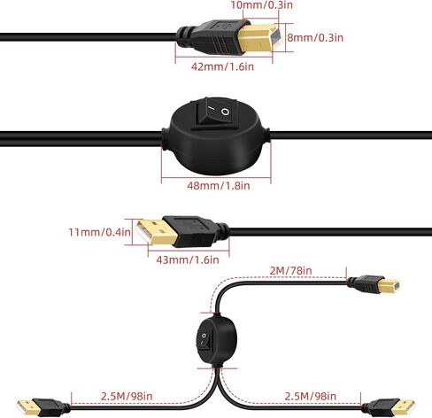 GELRHONR USB B Printer Cable Splitter, 14.7FT Printer Splitter for 2 Computers, Type B 2.0 Male to Dual USB A Male Y Cord 1 in 2 Out Print Cord Switcher 2 Computers Share Keyboard Mouse Scanner (4.5M) in Kuwait