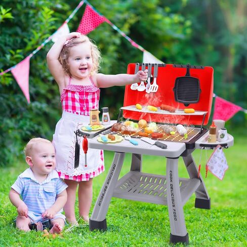 CUTE STONE Cooking Toy BBQ Set, 2-Layer Kids Grill Playset with Play Food, Pretend Smoke Sound and Light, Kitchen Accessories Utensils Toy, Outdoor Camping Barbecue Toys Gift for Toddlers Girls Boys in Saudi Arabia
