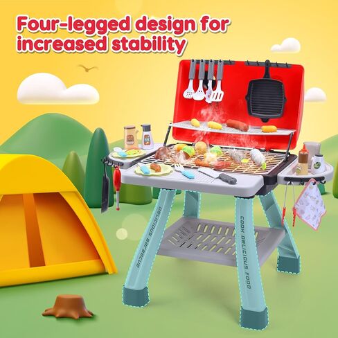 CUTE STONE Cooking Toy BBQ Set, 2-Layer Kids Grill Playset with Play Food, Pretend Smoke Sound and Light, Kitchen Accessories Utensils Toy, Outdoor Camping Barbecue Toys Gift for Toddlers Girls Boys in Saudi Arabia