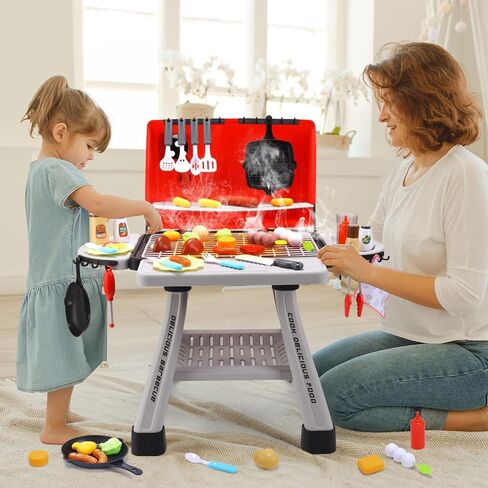 CUTE STONE Cooking Toy BBQ Set, 2-Layer Kids Grill Playset with Play Food, Pretend Smoke Sound and Light, Kitchen Accessories Utensils Toy, Outdoor Camping Barbecue Toys Gift for Toddlers Girls Boys in Saudi Arabia