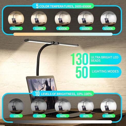 15W LED Desk Lamp with Clamp for Home Office, Eye Caring Architect Lamp with Clip, 80 LEDs Super Bright 30 Lighting Modes Dimmable Light for Learning and Reading in Saudi Arabia