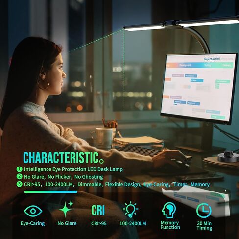 15W LED Desk Lamp with Clamp for Home Office, Eye Caring Architect Lamp with Clip, 80 LEDs Super Bright 30 Lighting Modes Dimmable Light for Learning and Reading in Saudi Arabia