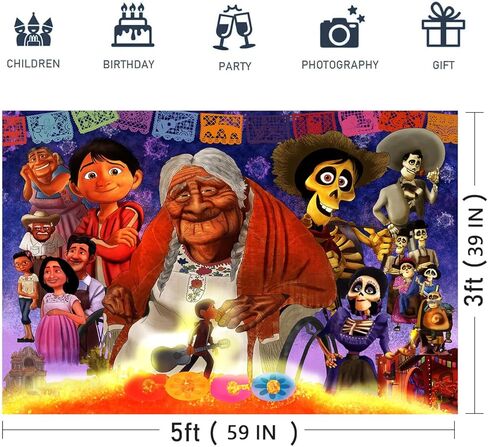 كوكو عيد ميلاد حزب الزينة خلفية، يوم من الزينة الميتة، 5x3ft النمط المكسيكي حجم كبير يوم الموتى راية خلفية عيد الهالوين عيد ميلاد حزب خلفية الجدار in Kuwait
